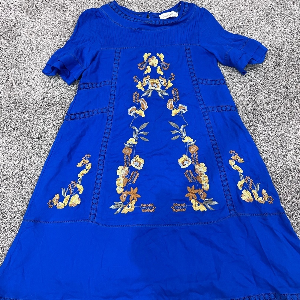 Brass & Roe Royal Blue Floral Embroidery Fully Lined Boho Summer Mini Dress XS